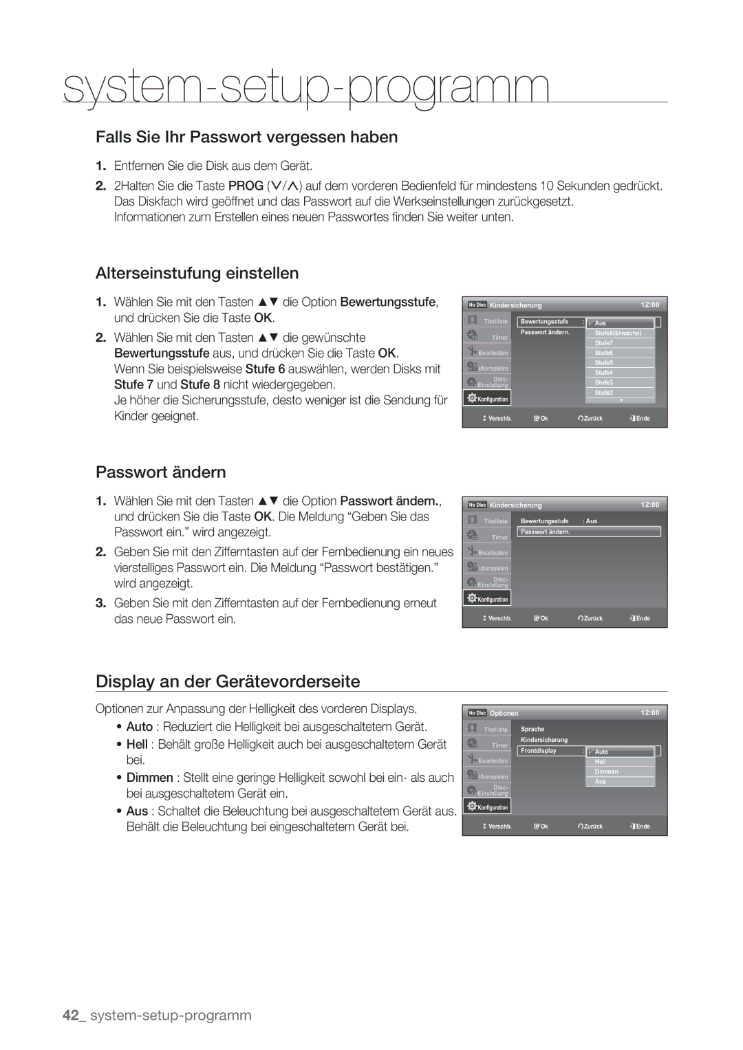 Samsung DVD-VR370/XEG manual Display an der Gerätevorderseite, Falls Sie Ihr Passwort vergessen haben, Passwort ändern 