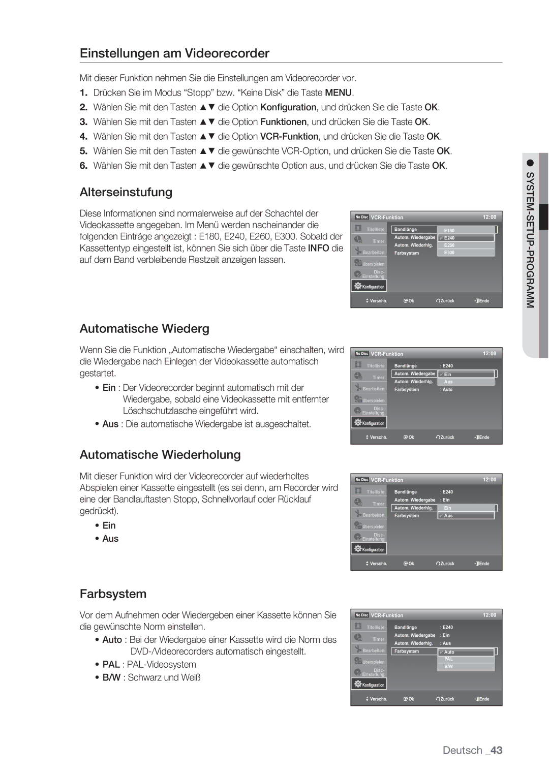 Samsung DVD-VR370/XEN Einstellungen am Videorecorder, Alterseinstufung, Automatische Wiederg, Automatische Wiederholung 