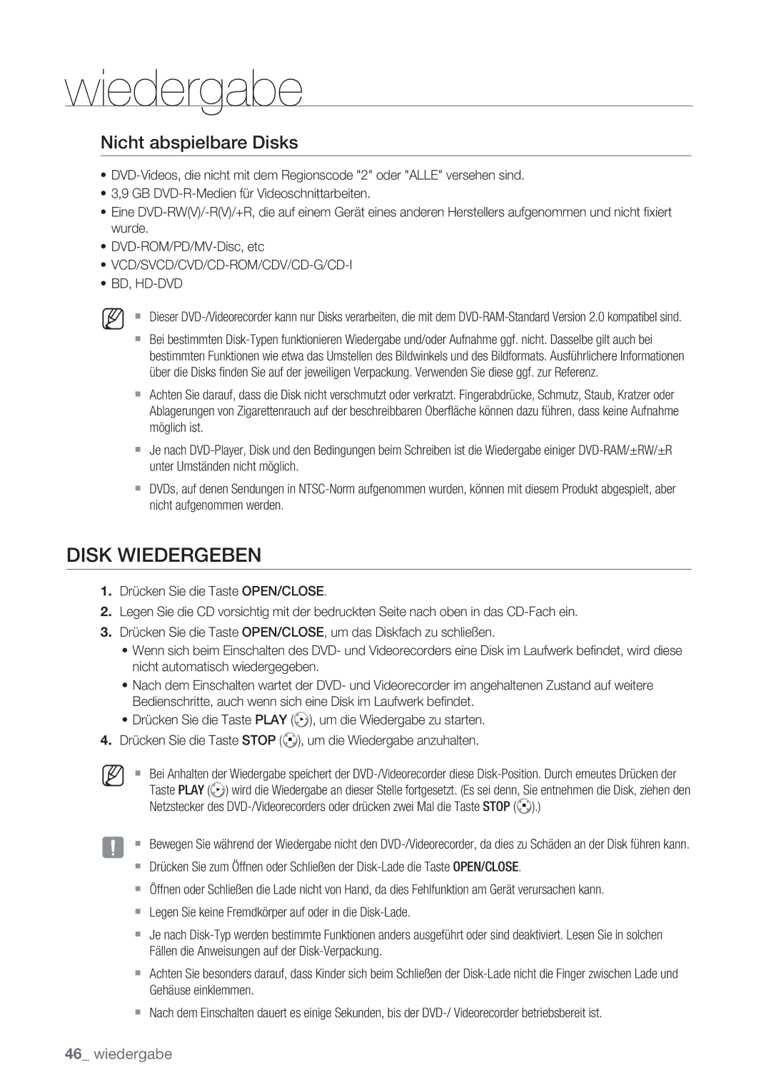 Samsung DVD-VR370/XEG manual Disk Wiedergeben, Nicht abspielbare Disks, Vcd/Svcd/Cvd/Cd-Rom/Cdv/Cd-G/Cd-I Bd, Hd-Dvd 