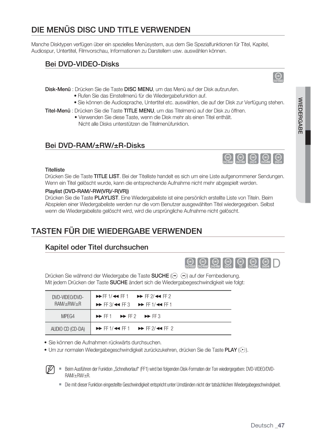 Samsung DVD-VR370/XEN manual DIE Menüs Disc UND Title Verwenden, Tasten FÜR DIE Wiedergabe Verwenden, Bei DVD-VIDEO-Disks 