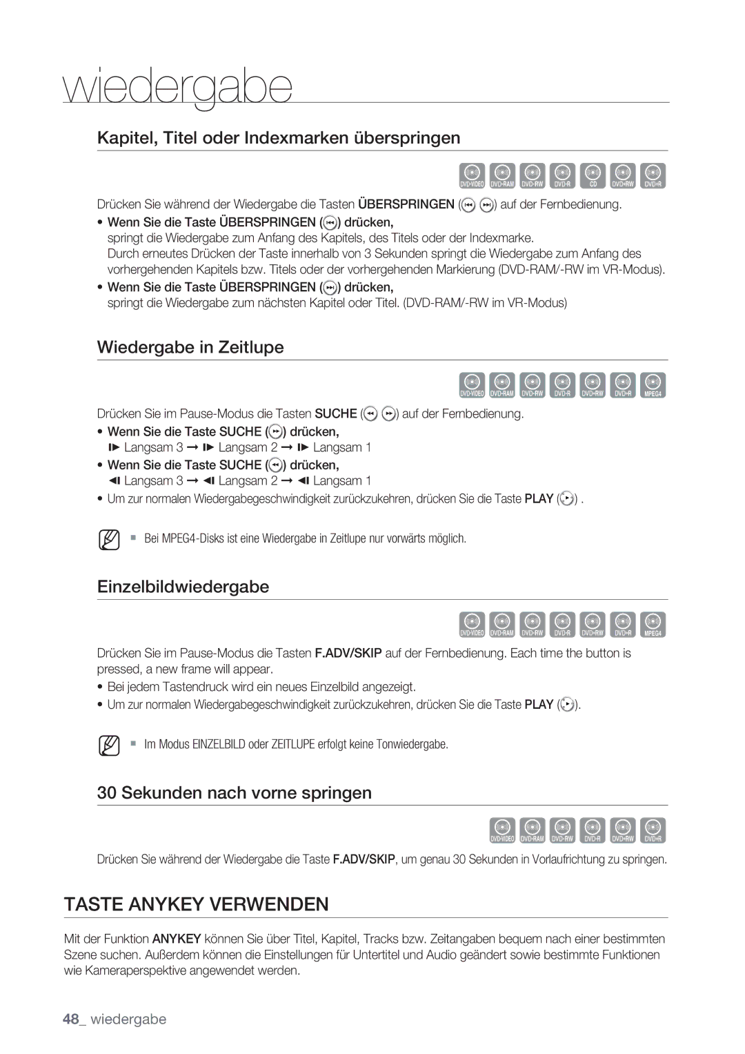 Samsung DVD-VR370/XEG manual Taste Anykey Verwenden, Kapitel, Titel oder Indexmarken überspringen, Wiedergabe in Zeitlupe 