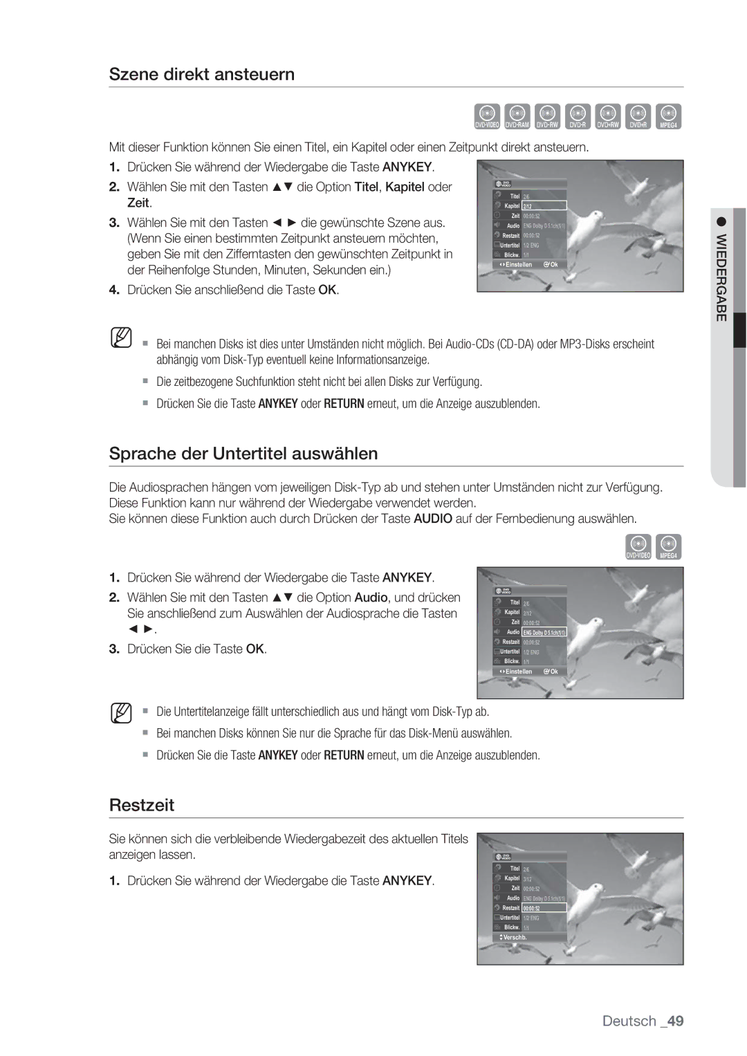 Samsung DVD-VR370/XEN, DVD-VR370/XEG manual Szene direkt ansteuern, Sprache der Untertitel auswählen, Restzeit 