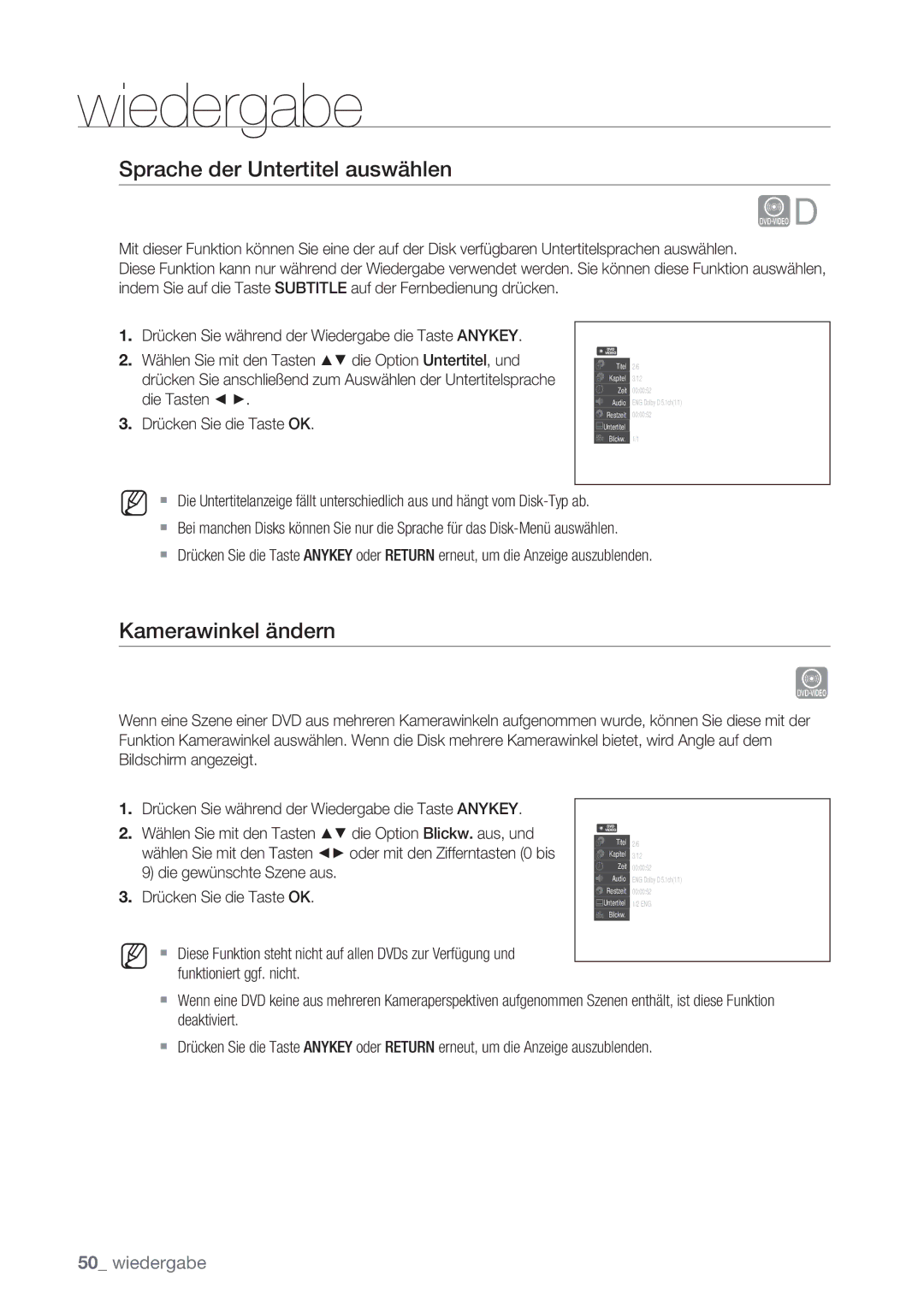 Samsung DVD-VR370/XEG, DVD-VR370/XEN Kamerawinkel ändern, Wählen Sie mit den Tasten die Option Untertitel, und, Die Tasten 