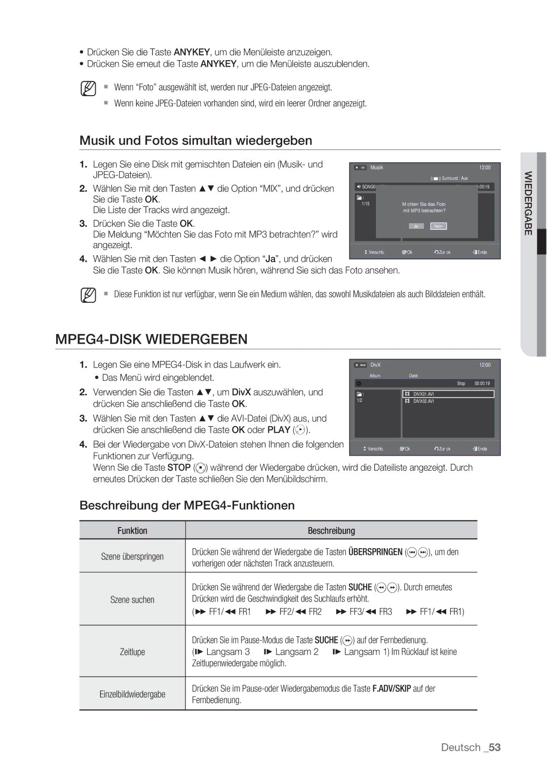 Samsung DVD-VR370/XEN MPEG4-DISK Wiedergeben, Musik und Fotos simultan wiedergeben, Beschreibung der MPEG4-Funktionen 