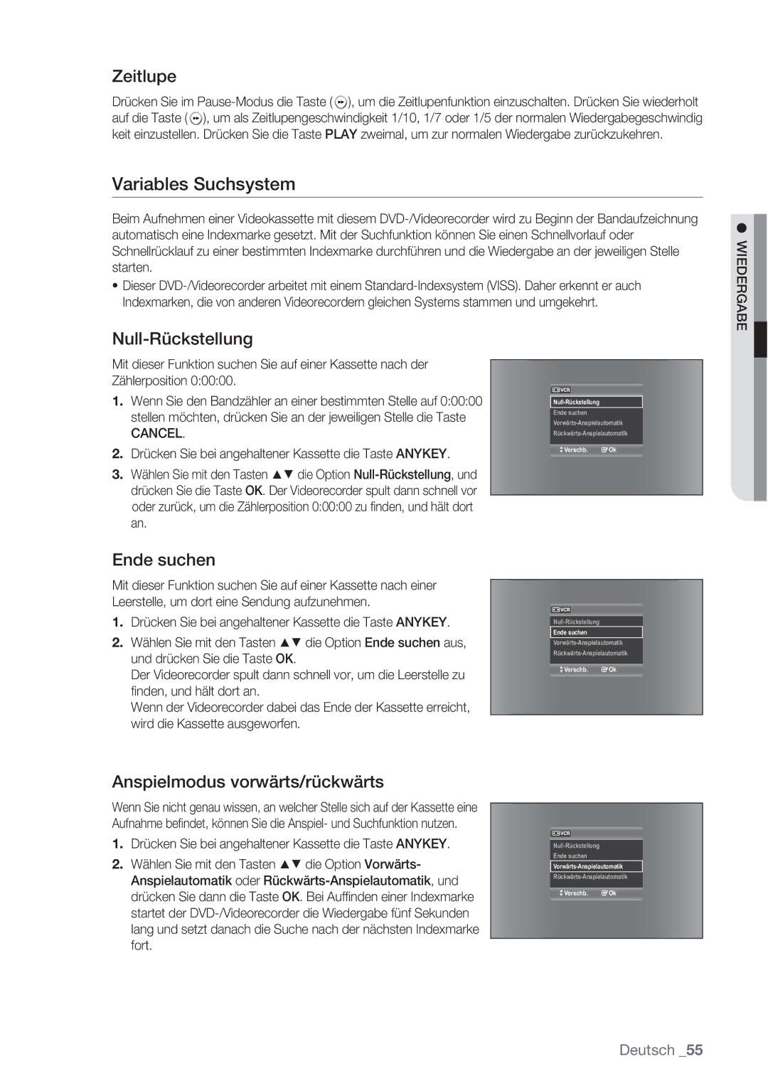 Samsung DVD-VR370/XEN Variables Suchsystem, Zeitlupe, Null-Rückstellung, Ende suchen, Anspielmodus vorwärts/rückwärts 