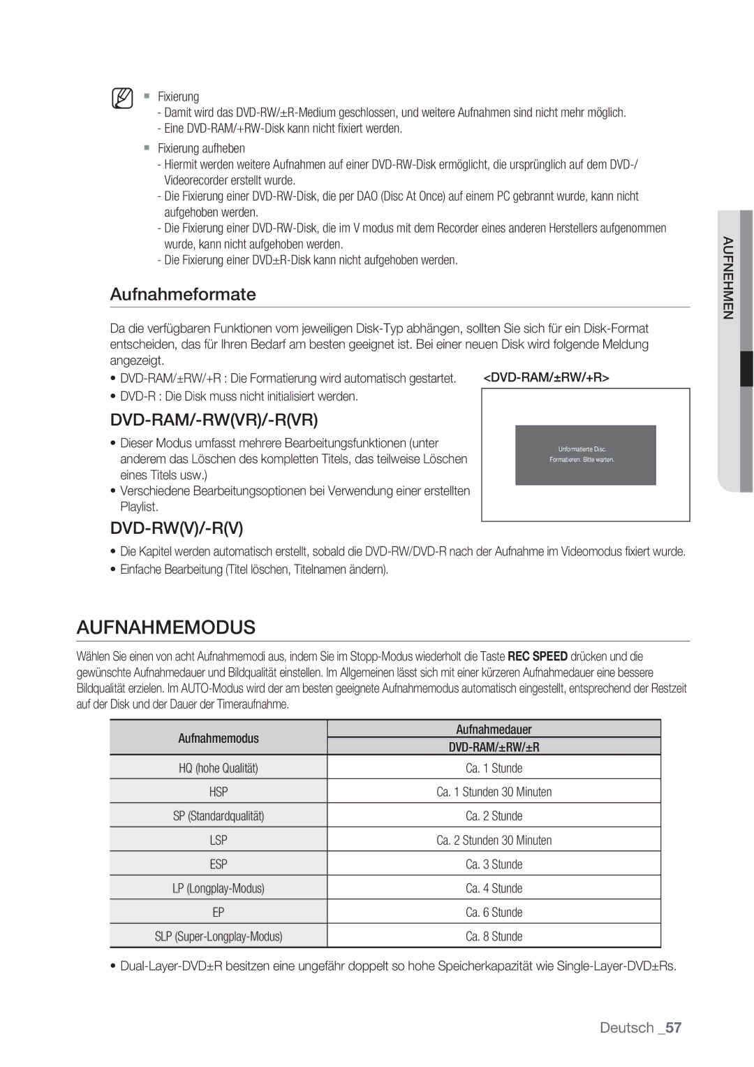 Samsung DVD-VR370/XEN, DVD-VR370/XEG manual Aufnahmemodus, Aufnahmeformate, Aufnehmen 