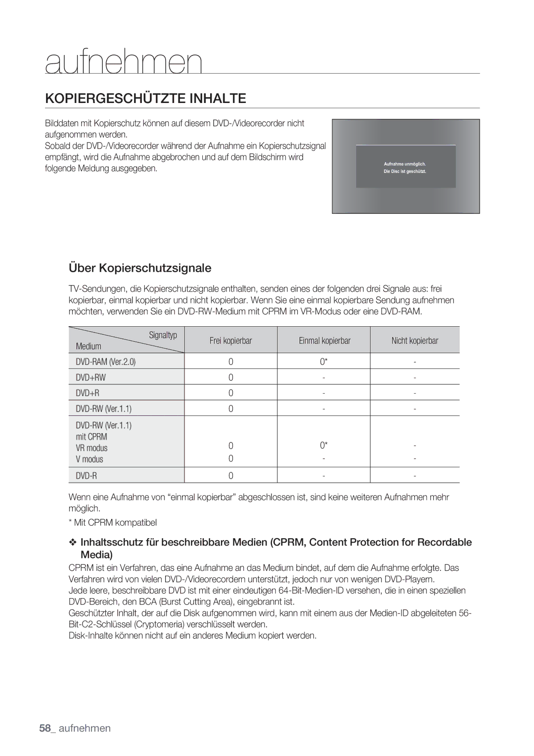 Samsung DVD-VR370/XEG, DVD-VR370/XEN manual Kopiergeschützte Inhalte, Über Kopierschutzsignale 