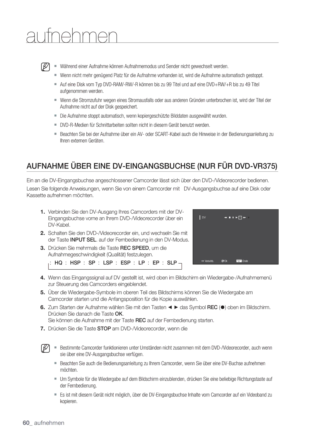 Samsung DVD-VR370/XEG, DVD-VR370/XEN manual Aufnahme Über Eine DV-EINGANGSBUCHSE NUR FÜR DVD-VR375 