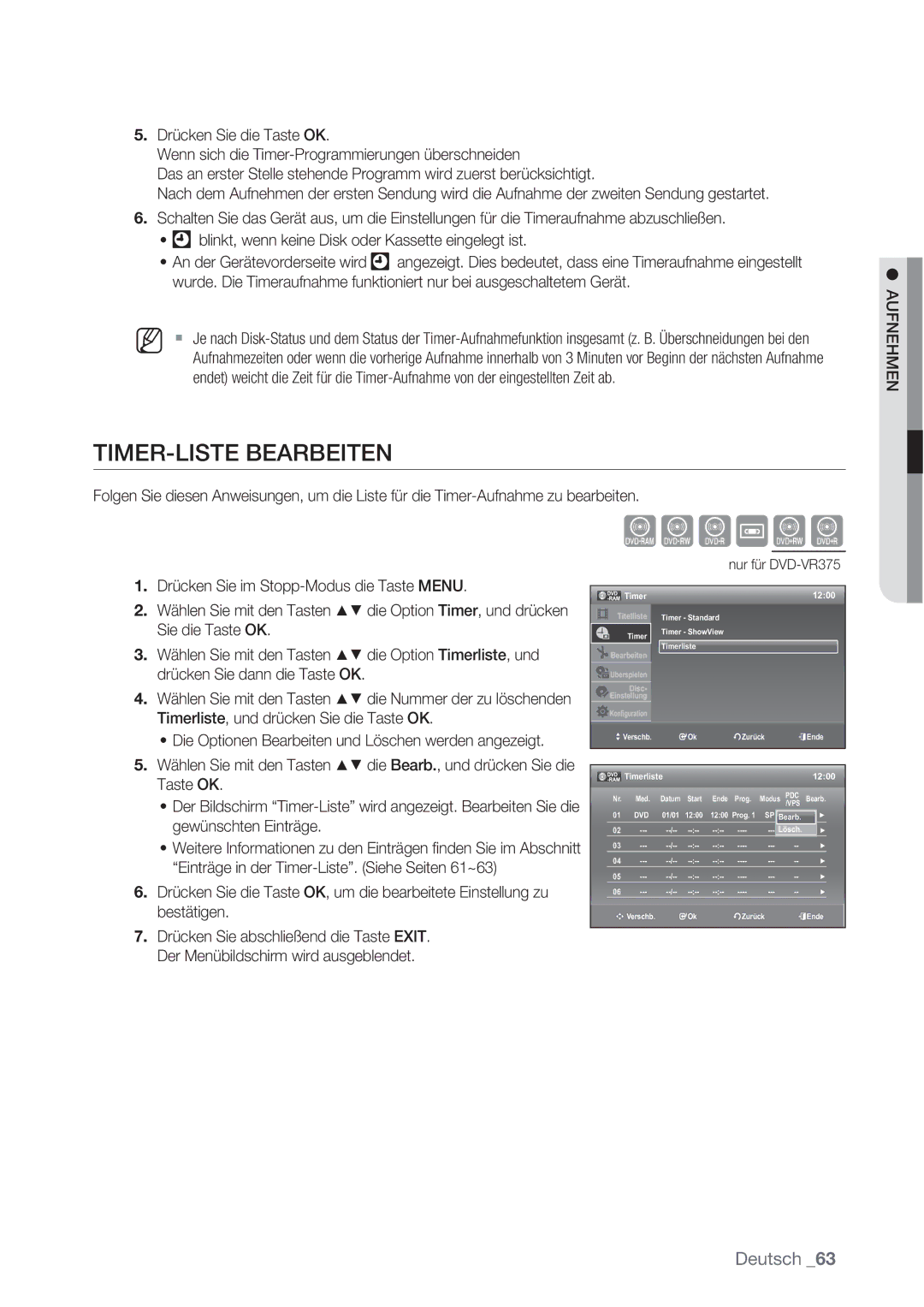 Samsung DVD-VR370/XEN, DVD-VR370/XEG manual TIMER-LISTE Bearbeiten, Timerliste 1200 