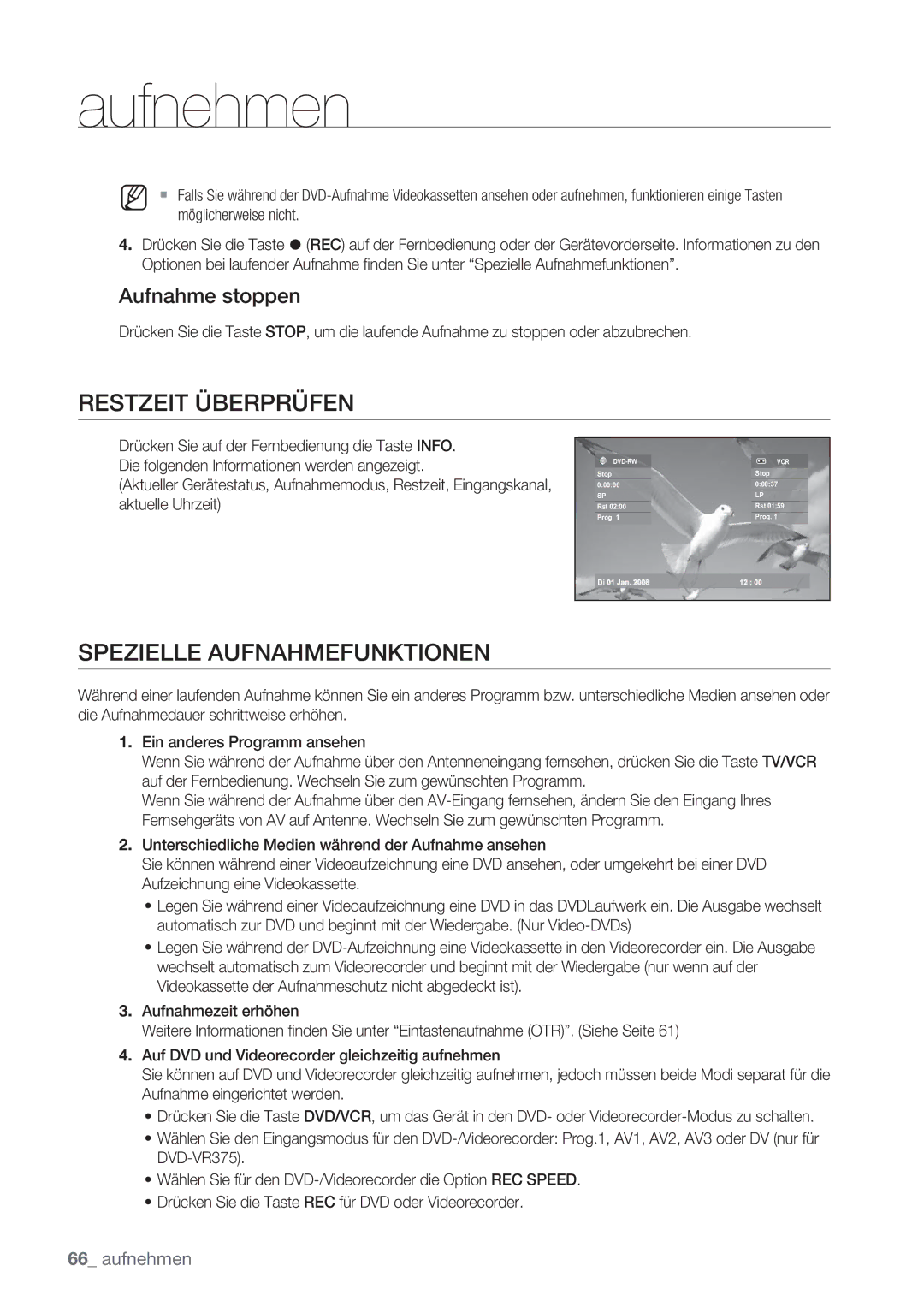 Samsung DVD-VR370/XEG, DVD-VR370/XEN manual Restzeit Überprüfen, Spezielle Aufnahmefunktionen 