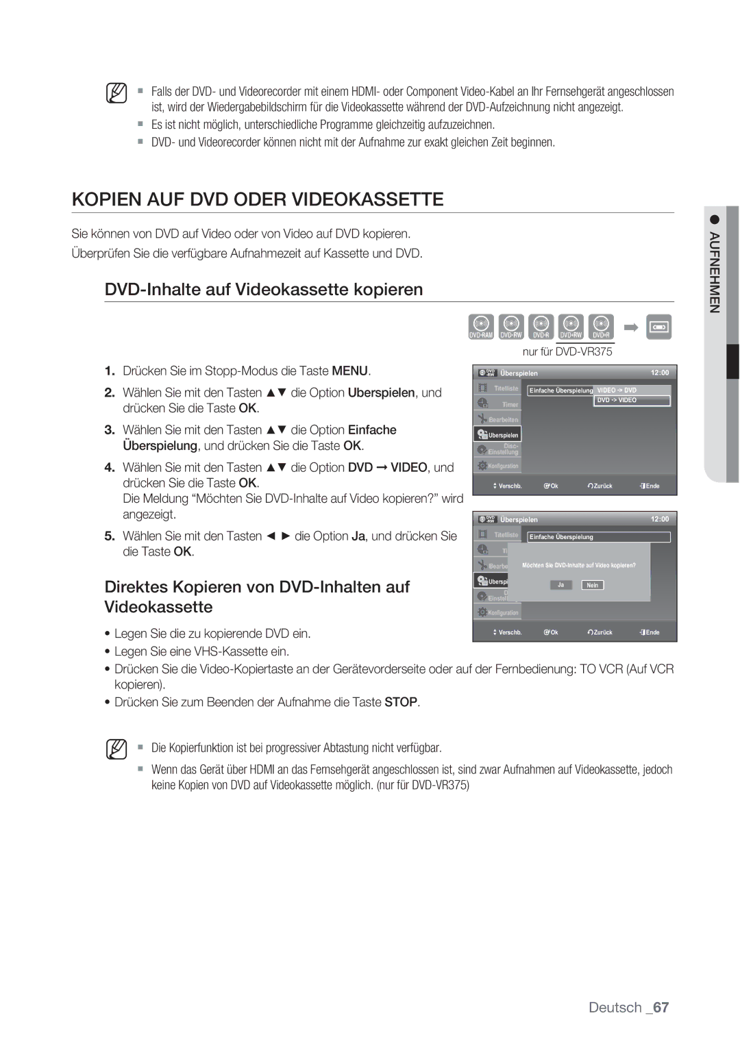 Samsung DVD-VR370/XEN Kopien AUF DVD Oder Videokassette, Wählen Sie mit den Tasten die Option Einfache, Überspielen 1200 