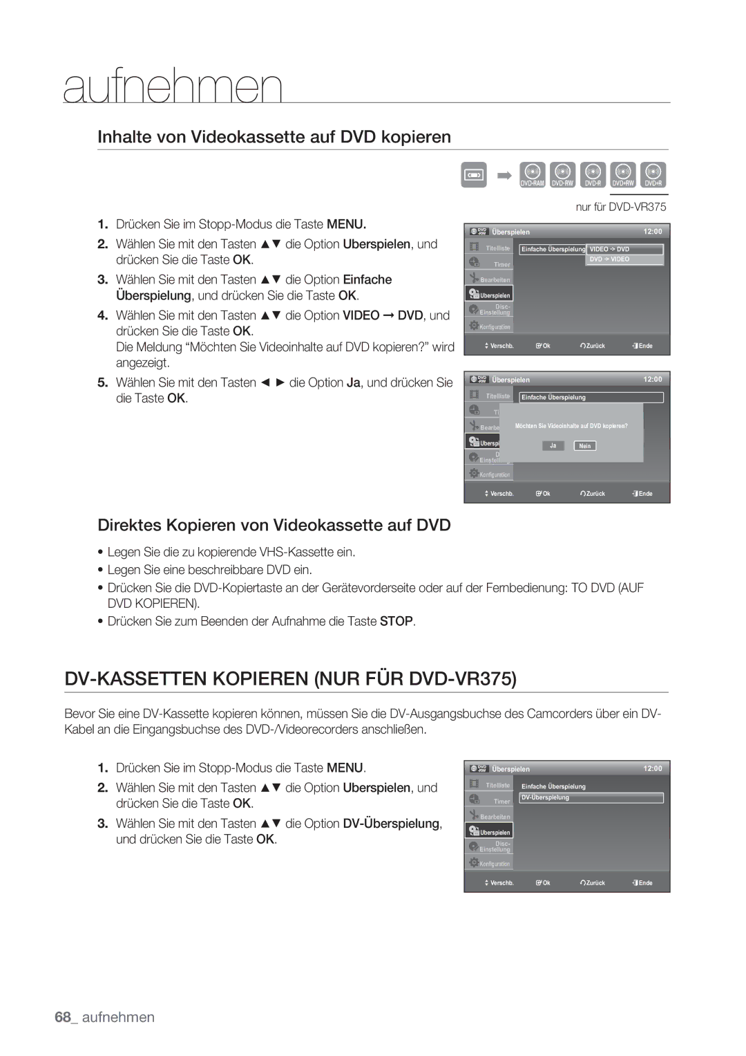 Samsung DVD-VR370/XEG DV-KASSETTEN Kopieren NUR FÜR DVD-VR375, Inhalte von Videokassette auf DVD kopieren, DVD Kopieren 