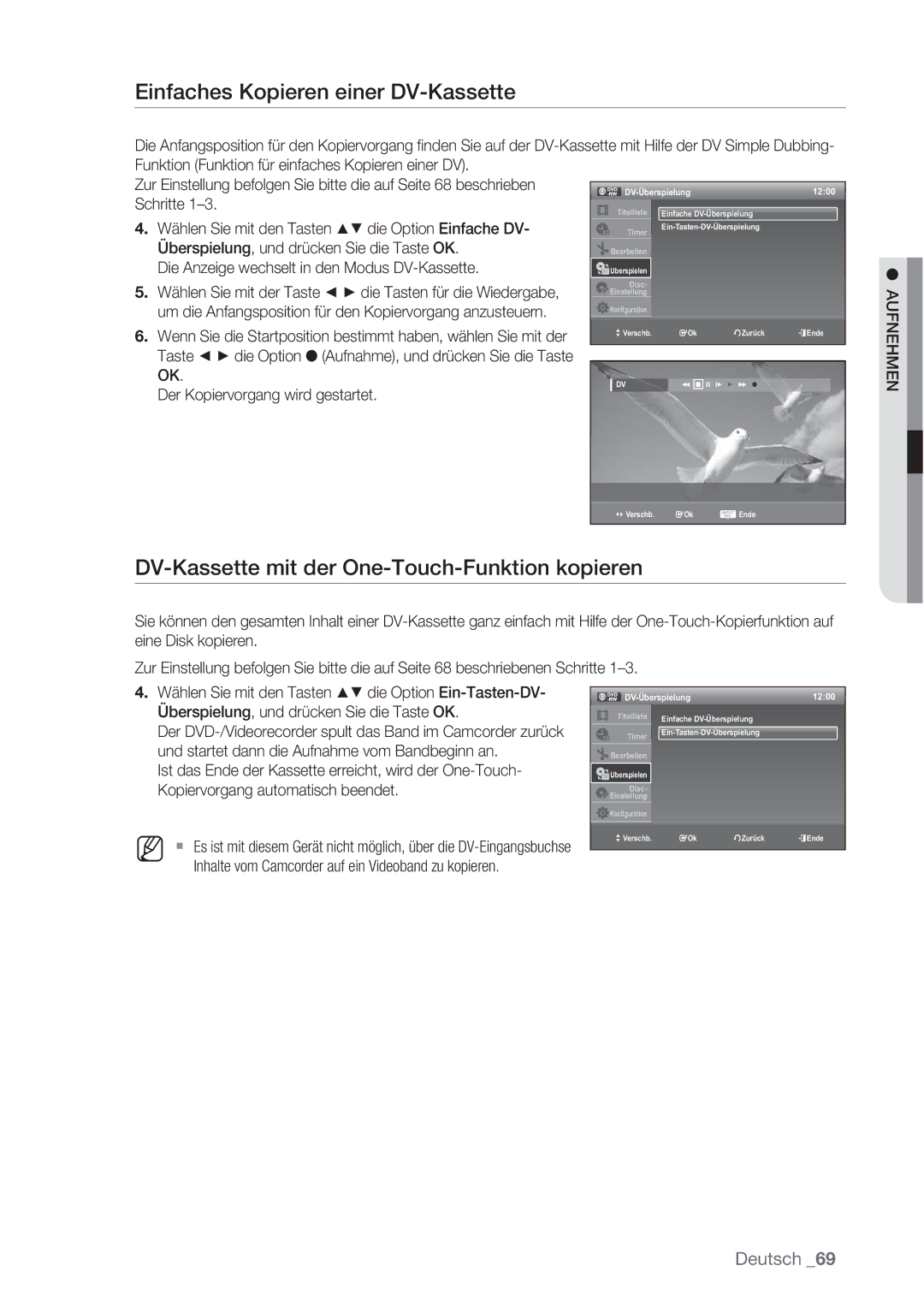 Samsung DVD-VR370/XEN, DVD-VR370/XEG Einfaches Kopieren einer DV-Kassette, DV-Kassette mit der One-Touch-Funktion kopieren 