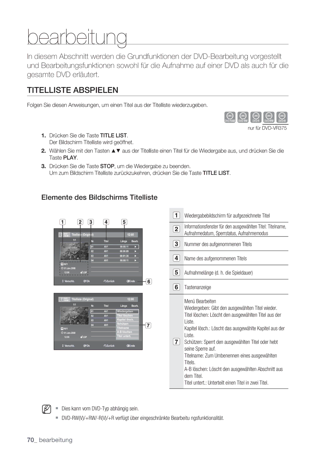 Samsung DVD-VR370/XEG, DVD-VR370/XEN manual Titelliste Abspielen, Elemente des Bildschirms Titelliste 