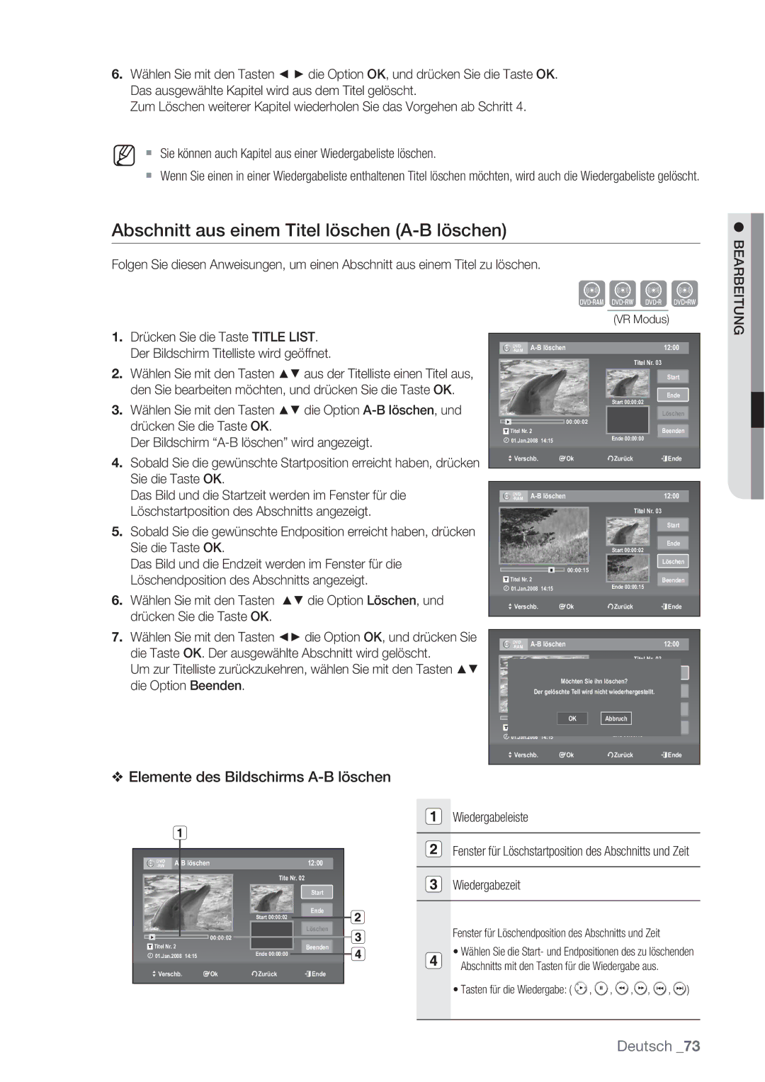 Samsung DVD-VR370/XEN manual Abschnitt aus einem Titel löschen A-B löschen, Bearbeitung, Wiedergabeleiste, Wiedergabezeit 