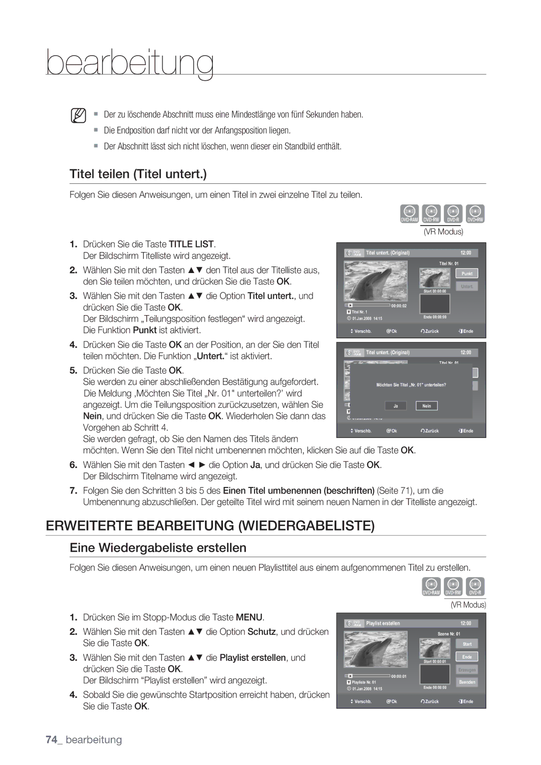 Samsung DVD-VR370/XEG Erweiterte Bearbeitung Wiedergabeliste, Titel teilen Titel untert, Eine Wiedergabeliste erstellen 