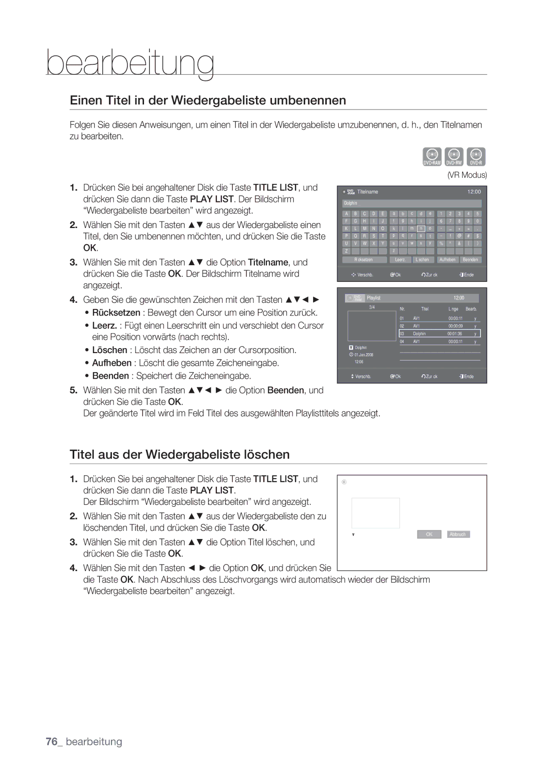 Samsung DVD-VR370/XEG, DVD-VR370/XEN Einen Titel in der Wiedergabeliste umbenennen, Titel aus der Wiedergabeliste löschen 