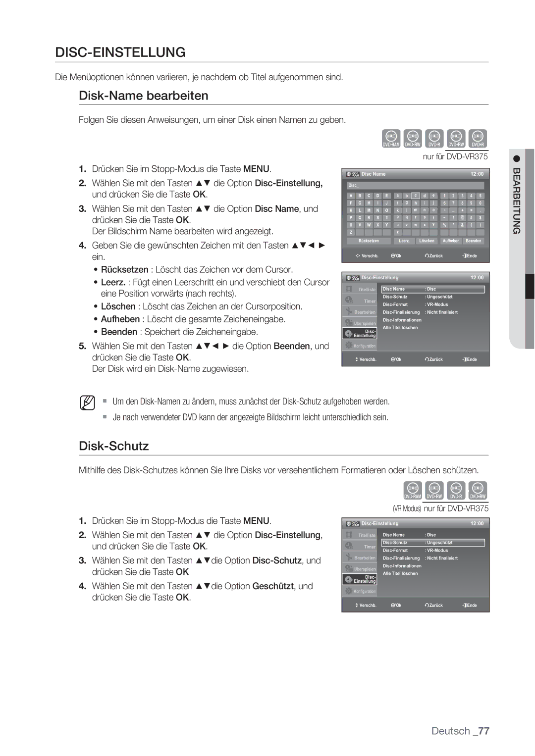 Samsung DVD-VR370/XEN, DVD-VR370/XEG manual Disk-Name bearbeiten, Disk-Schutz, Disc Name 1200, Disc-Einstellung 1200 