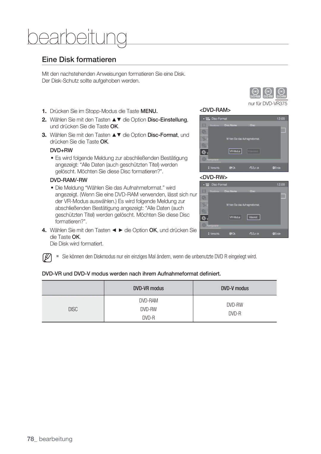 Samsung DVD-VR370/XEG, DVD-VR370/XEN manual Eine Disk formatieren 