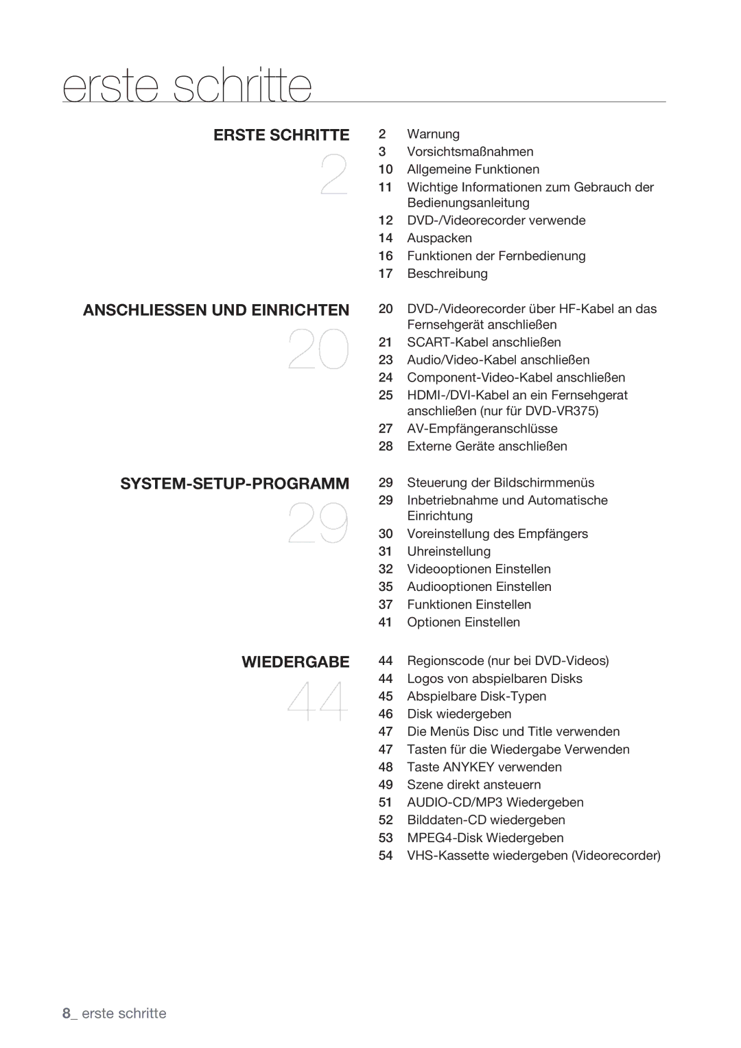 Samsung DVD-VR370/XEG manual Warnung, Vorsichtsmaßnahmen, Allgemeine Funktionen, Wichtige Informationen zum Gebrauch der 