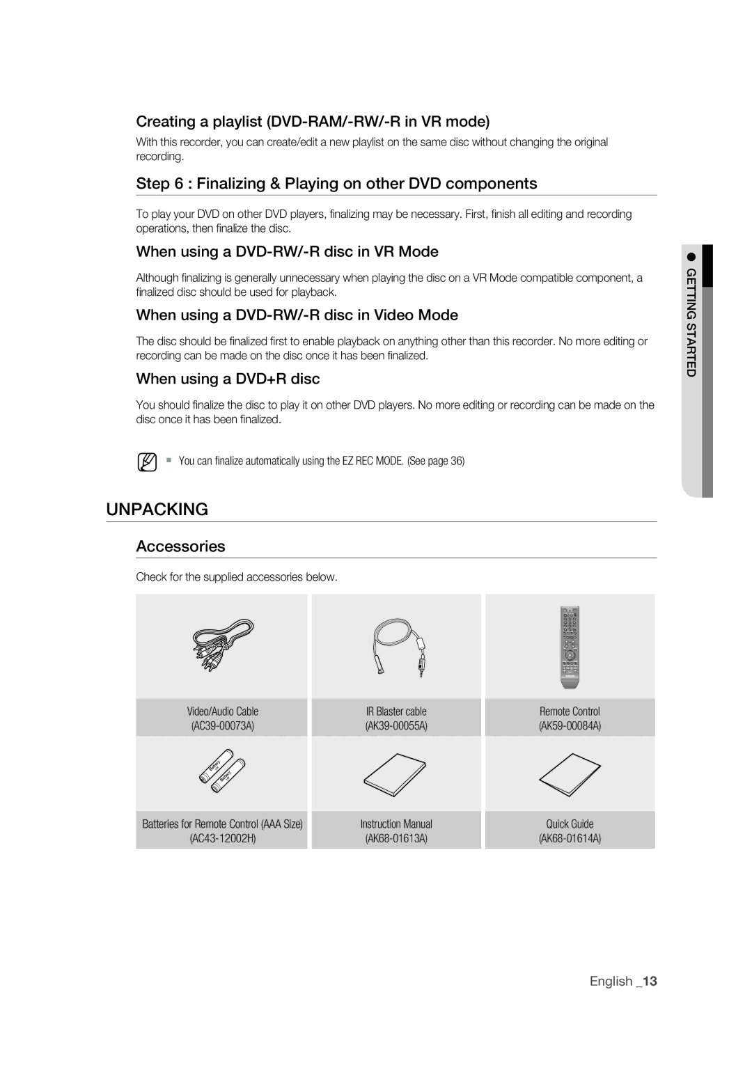 Samsung DVD-VR375 user manual Unpacking, Finalizing & Playing on other DVD components, Accessories 