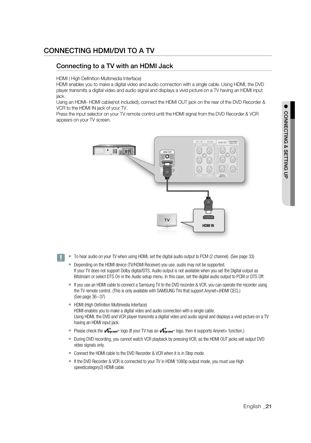 Samsung DVD-VR375 user manual Connecting HDMI/DVI to a TV, Connecting to a TV with an Hdmi Jack 