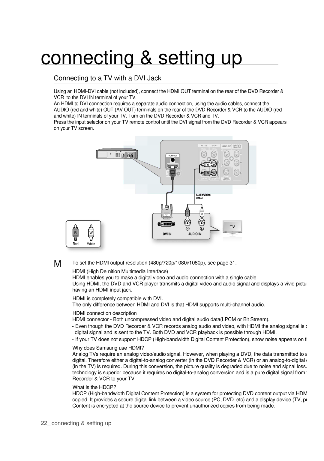 Samsung DVD-VR375 user manual Connecting to a TV with a DVI Jack,  Why does Samsung use HDMI?,  What is the HDCP? 