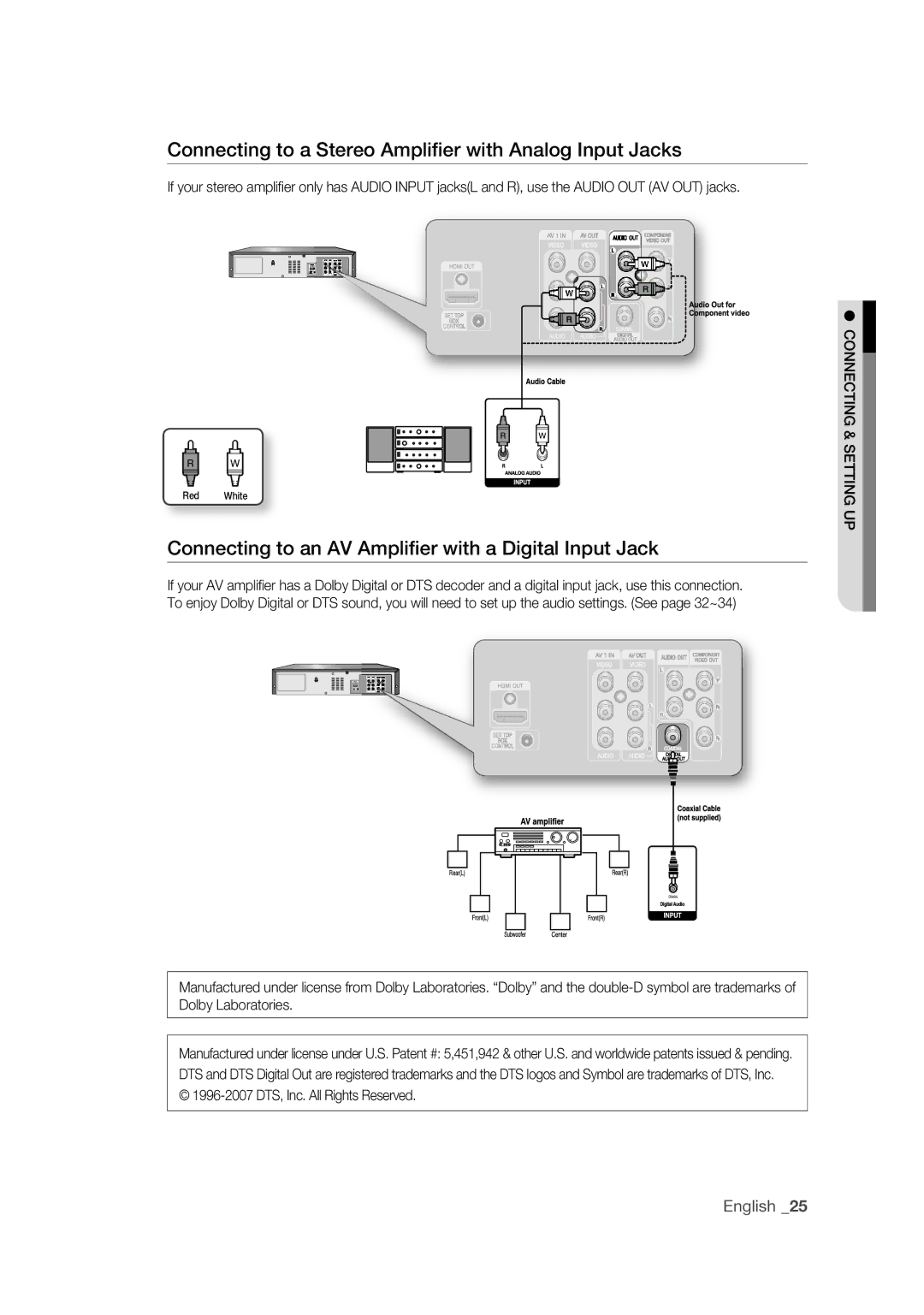 Samsung DVD-VR375 Connecting to a Stereo Ampliﬁer with Analog Input Jacks, 1996-2007 DTS, Inc. All Rights Reserved 