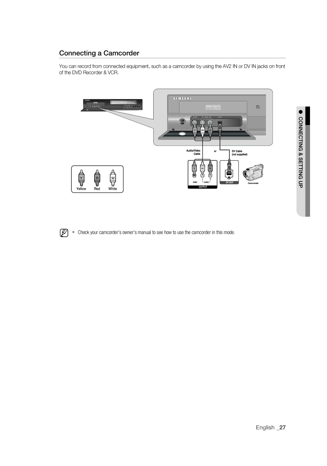 Samsung DVD-VR375 user manual Connecting a Camcorder 