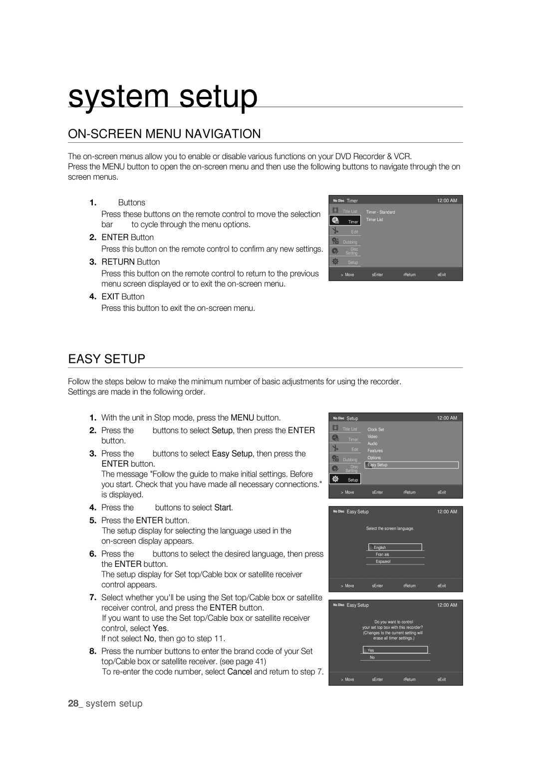 Samsung DVD-VR375 user manual ON-SCREEN Menu Navigation, Easy Setup, Return Button 