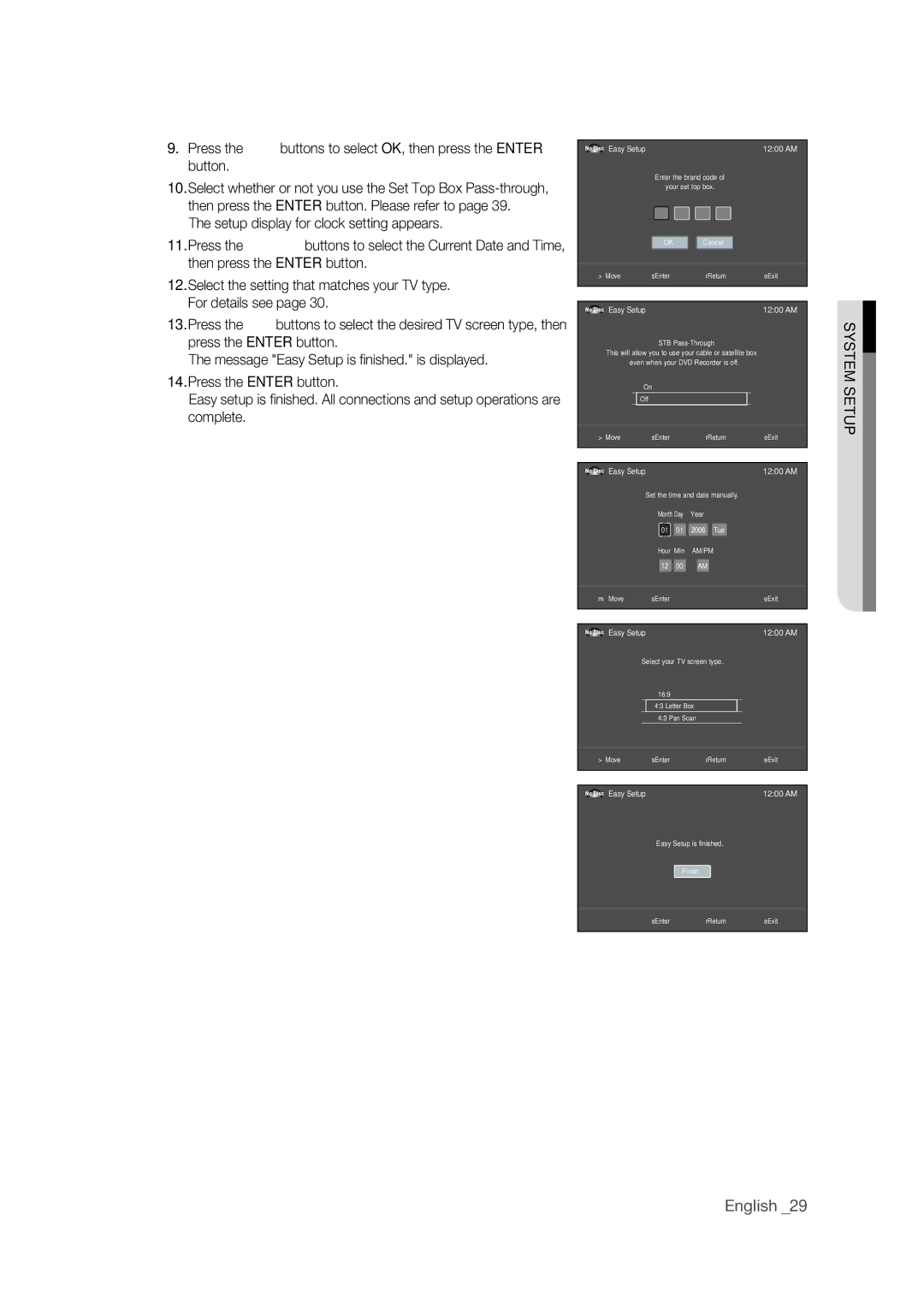 Samsung DVD-VR375 user manual Press the buttons to select OK, then press the Enter button, System Setup, 1200 AM 