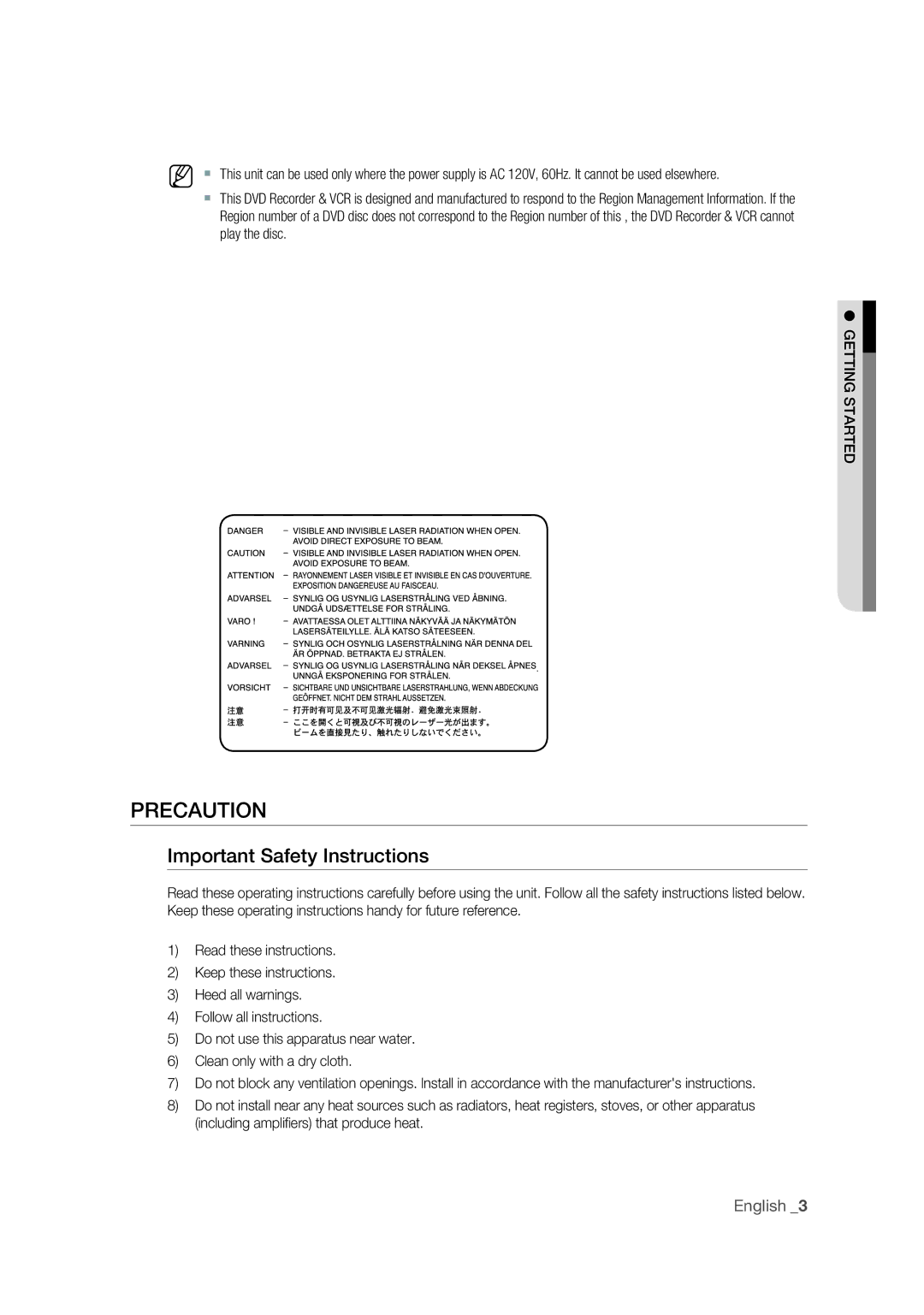 Samsung DVD-VR375 user manual Precaution, Important Safety Instructions, Getting Started 