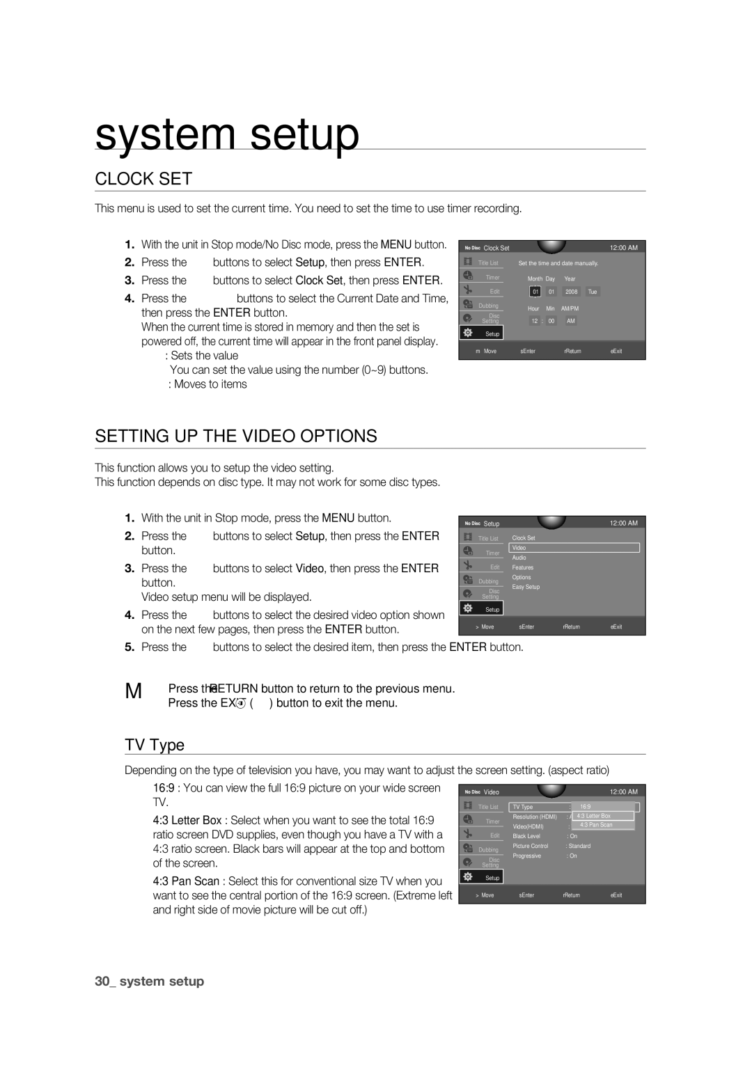 Samsung DVD-VR375 user manual Clock SET, Setting UP the Video Options, TV Type 