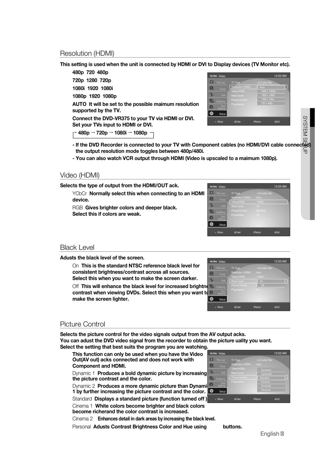 Samsung DVD-VR375 user manual Resolution Hdmi, Video Hdmi, Black Level, Picture Control 