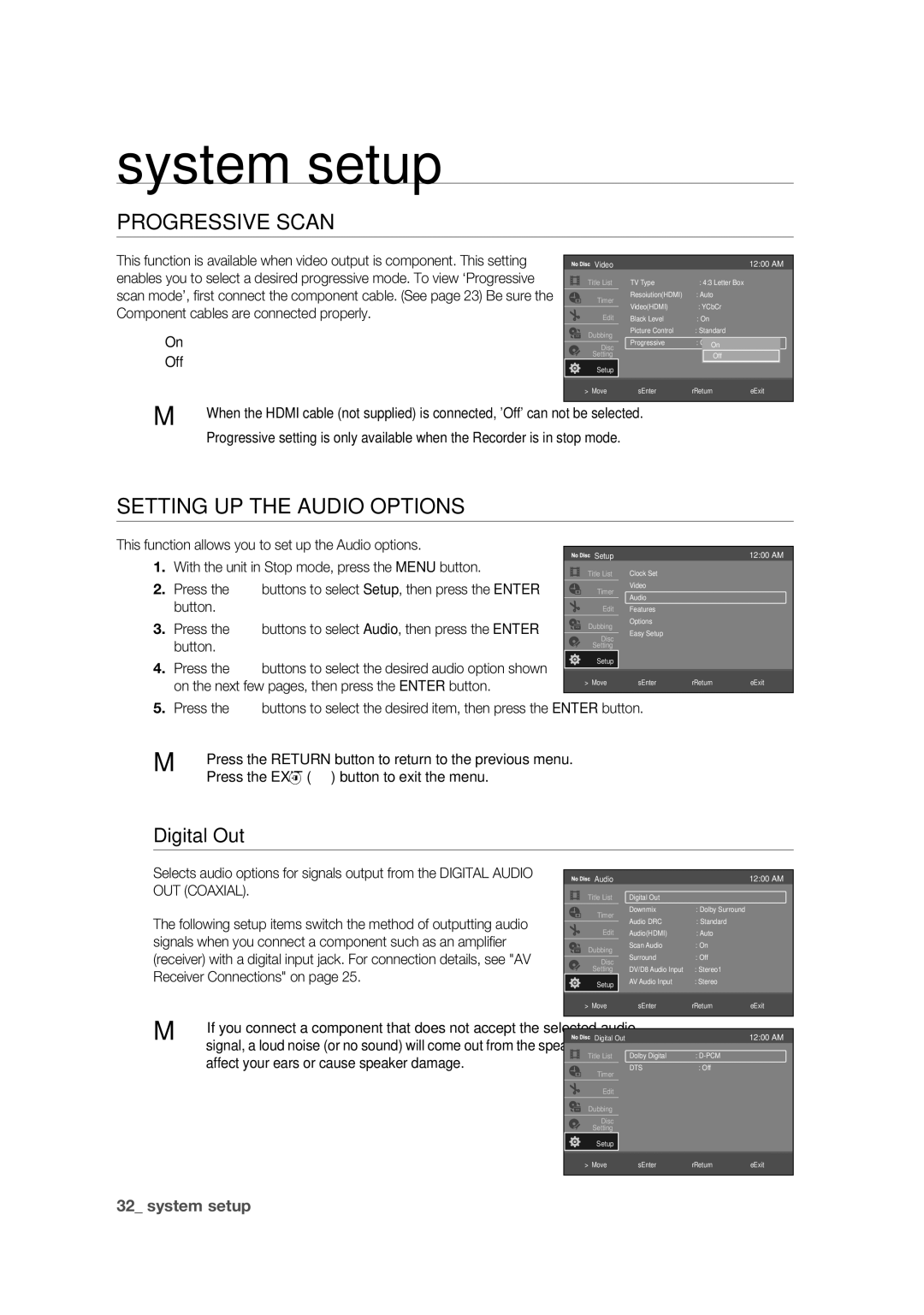 Samsung DVD-VR375 user manual Progressive Scan, Digital Out, Off, This function allows you to set up the Audio options 