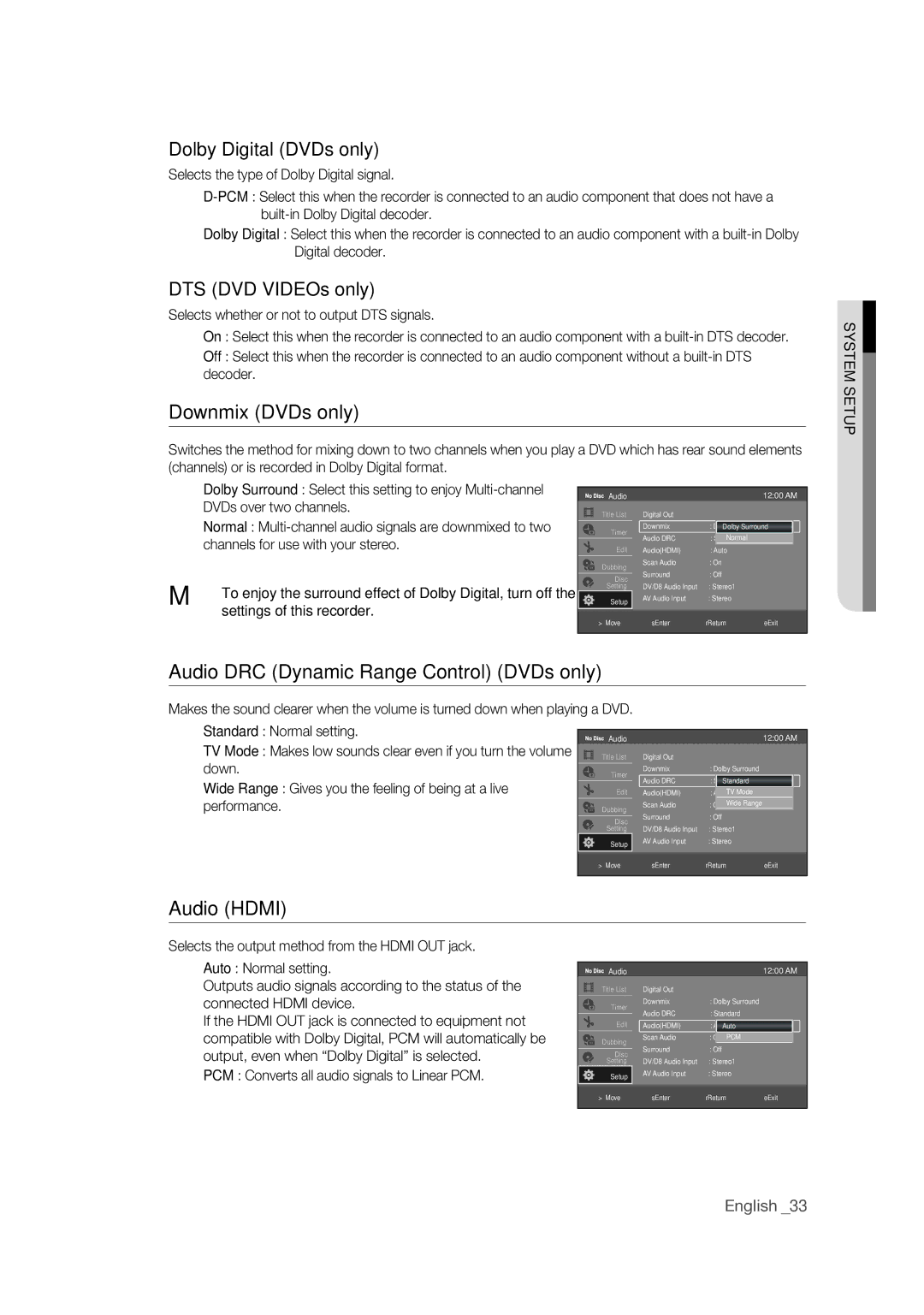 Samsung DVD-VR375 user manual Downmix DVDs only, Audio DRC Dynamic Range Control DVDs only, Dolby Digital DVDs only 