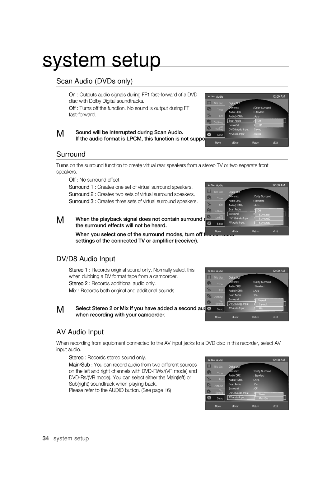 Samsung DVD-VR375 user manual Scan Audio DVDs only, DV/D8 Audio Input, AV Audio Input 