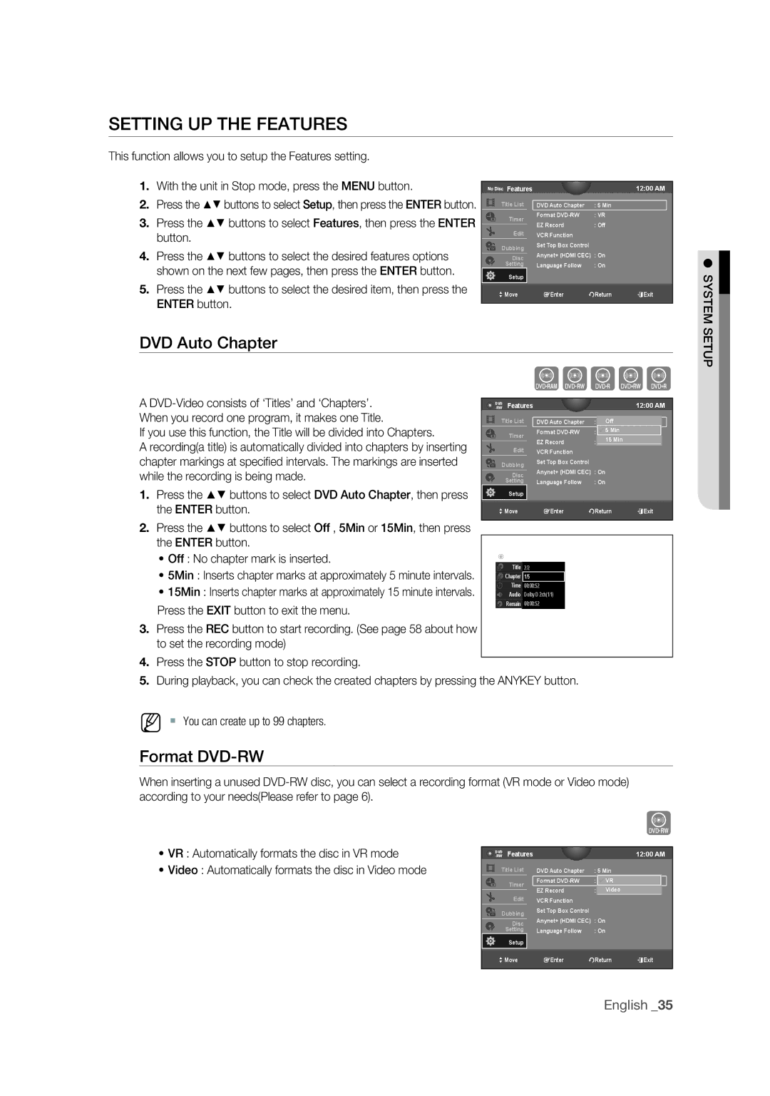 Samsung DVD-VR375 user manual Setting UP the Features, Format DVD-RW 