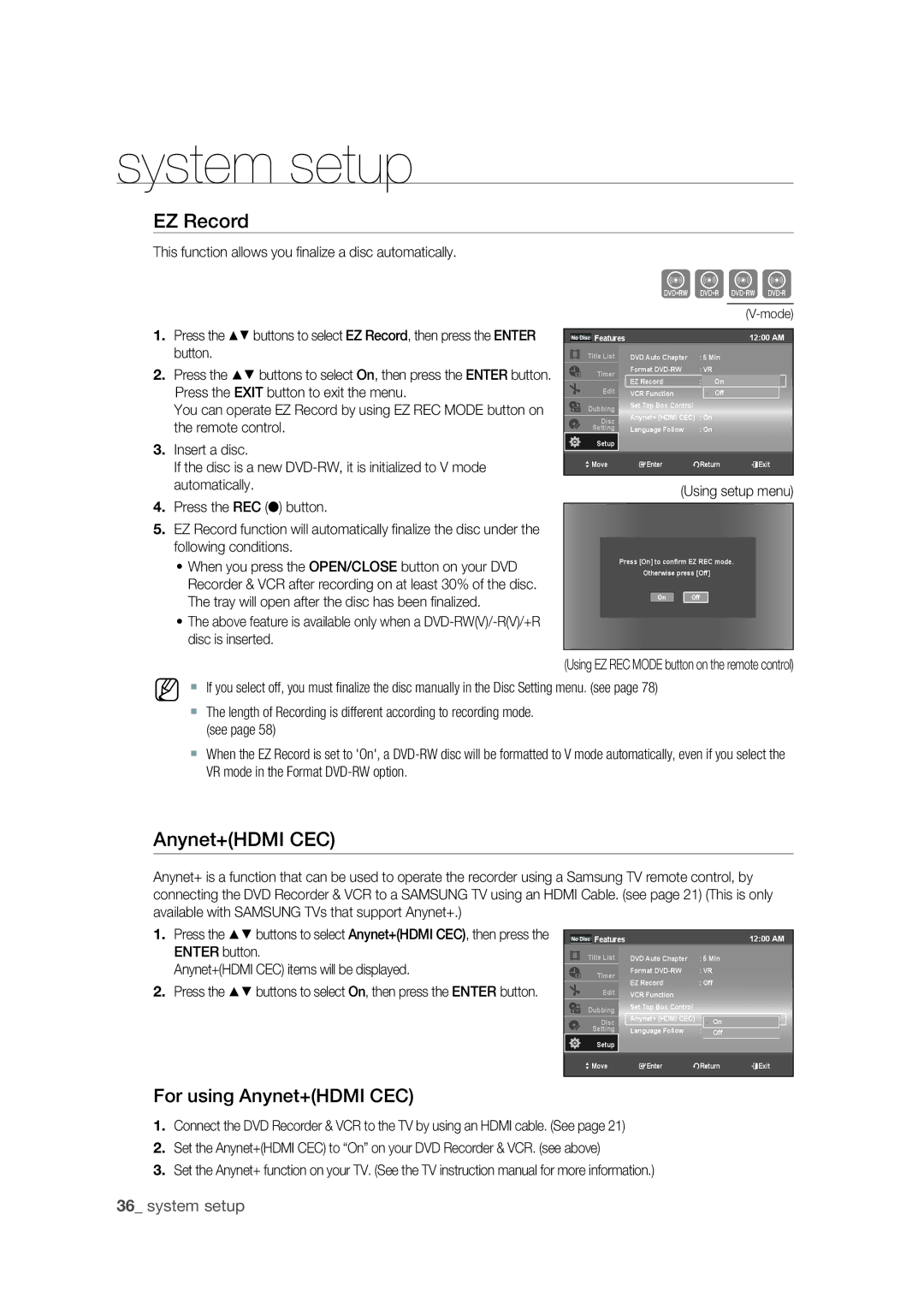 Samsung DVD-VR375 user manual EZ Record, For using Anynet+HDMI CEC 