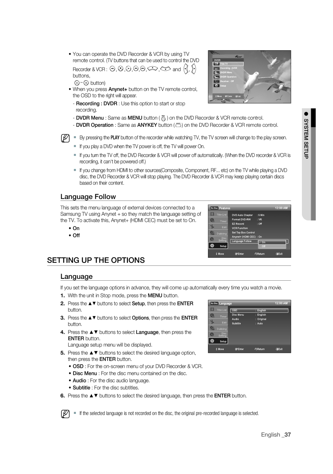 Samsung DVD-VR375 user manual Setting UP the Options, Language Follow, You can operate the DVD Recorder & VCR by using TV 