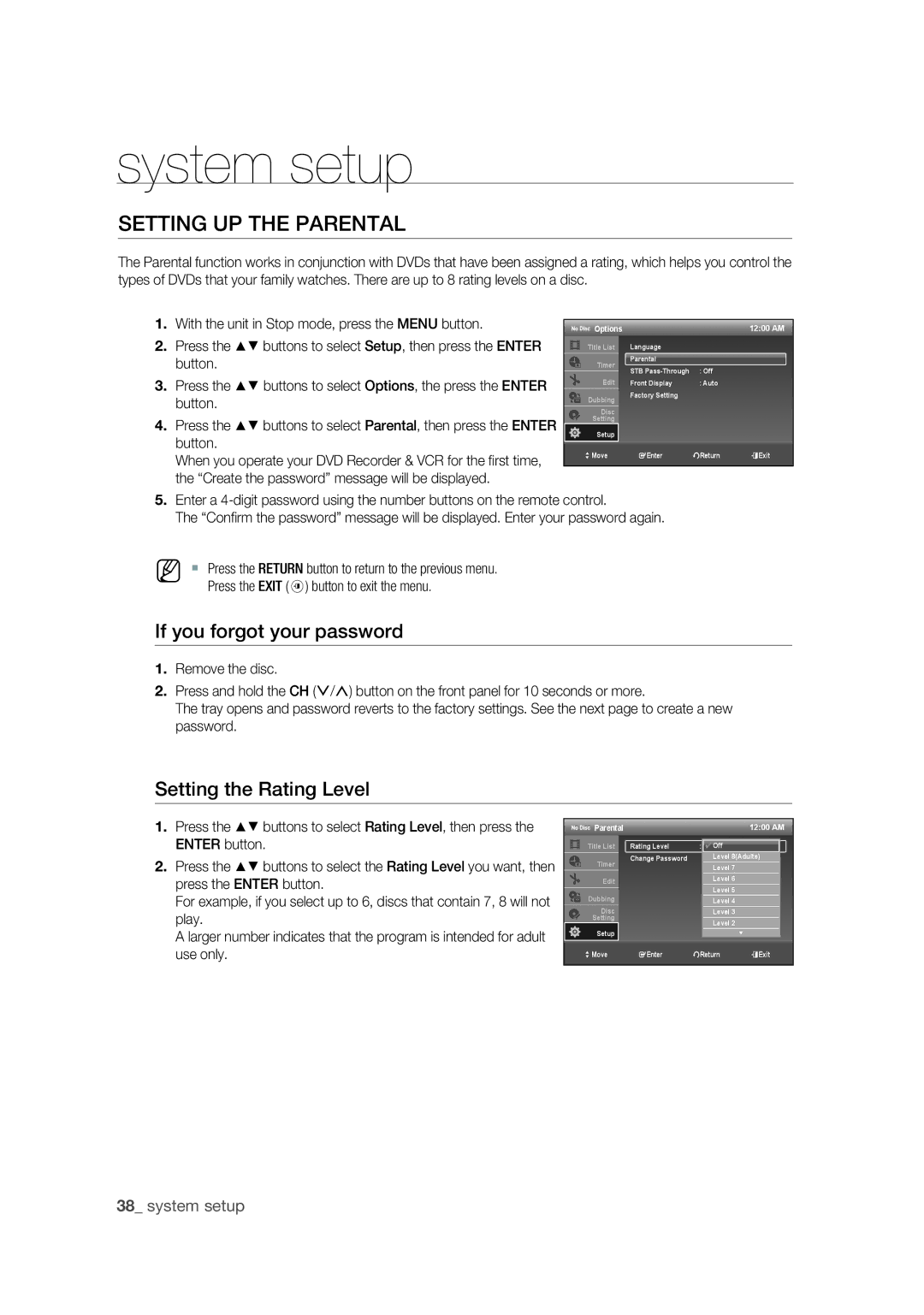 Samsung DVD-VR375 user manual Setting UP the Parental, If you forgot your password, Setting the Rating Level, Options 