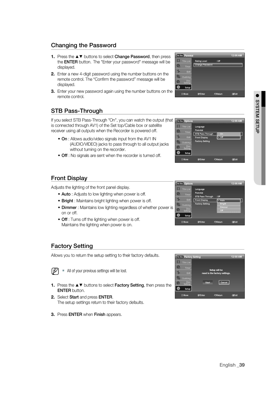 Samsung DVD-VR375 user manual Changing the Password, STB Pass-Through, Factory Setting 