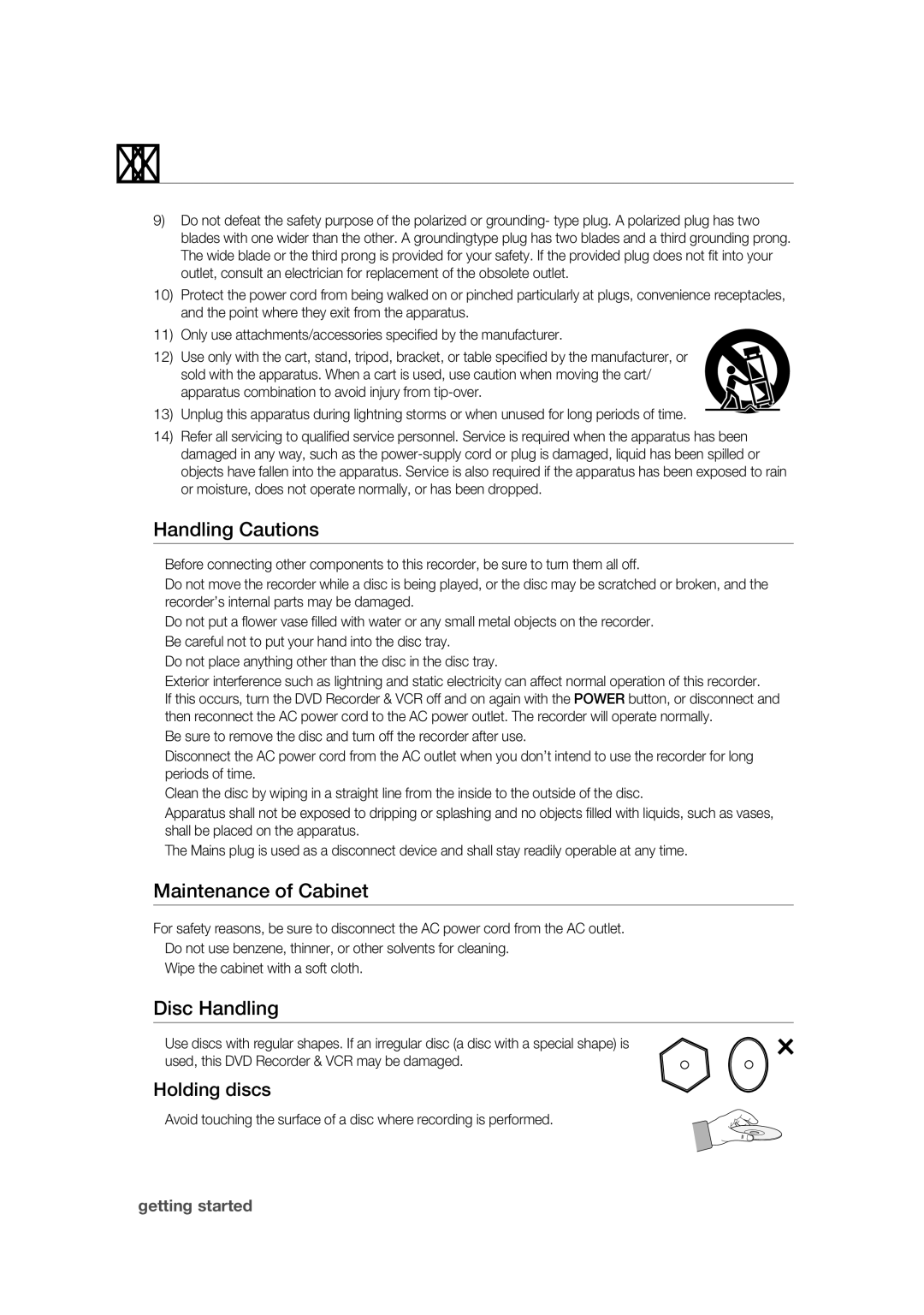 Samsung DVD-VR375 user manual Handling Cautions, Maintenance of Cabinet, Disc Handling, Holding discs 