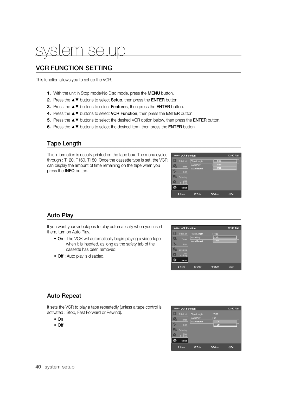 Samsung DVD-VR375 user manual VCR Function Setting, Tape Length, Auto Play, Auto Repeat 