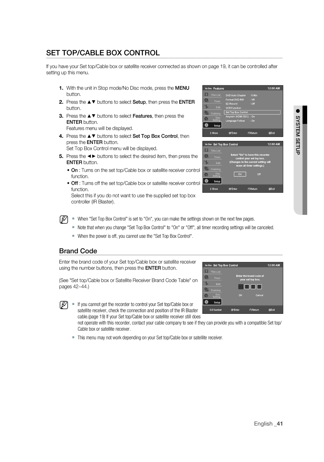 Samsung DVD-VR375 user manual SET TOP/CABLE BOX Control, Using the number buttons, then press the Enter button, Pages 42~44 