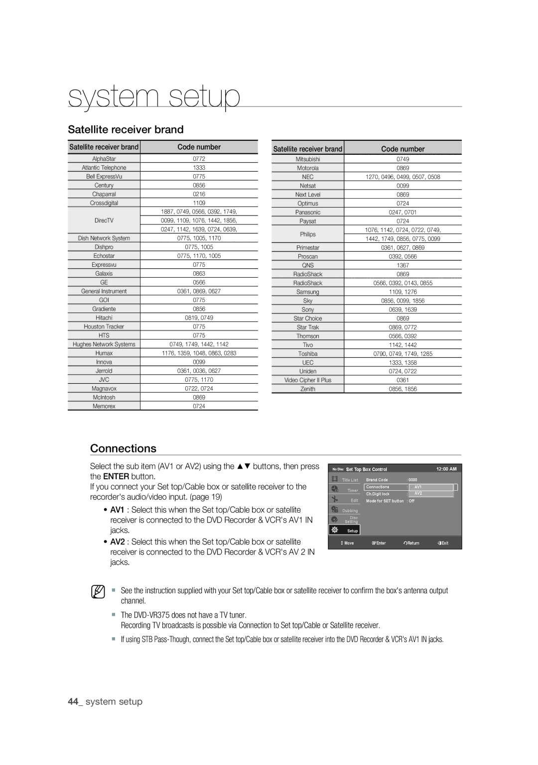 Samsung DVD-VR375 user manual Connections, Satellite receiver brand 