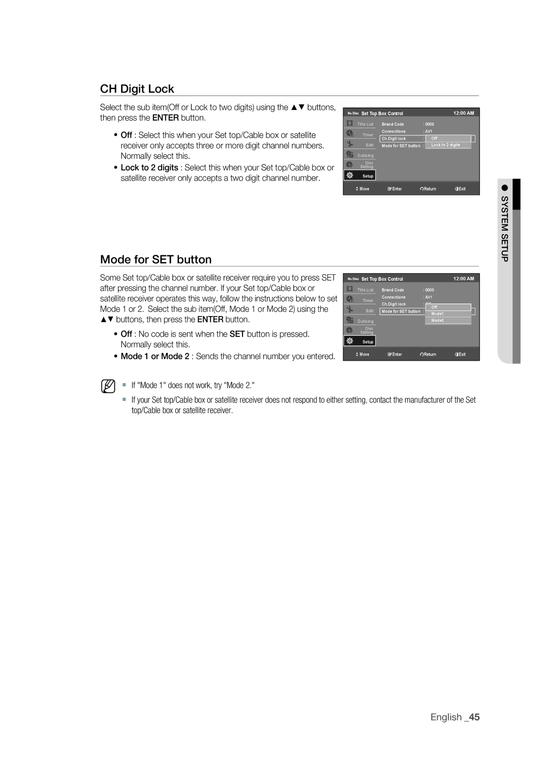 Samsung DVD-VR375 user manual CH Digit Lock, Mode for SET button 