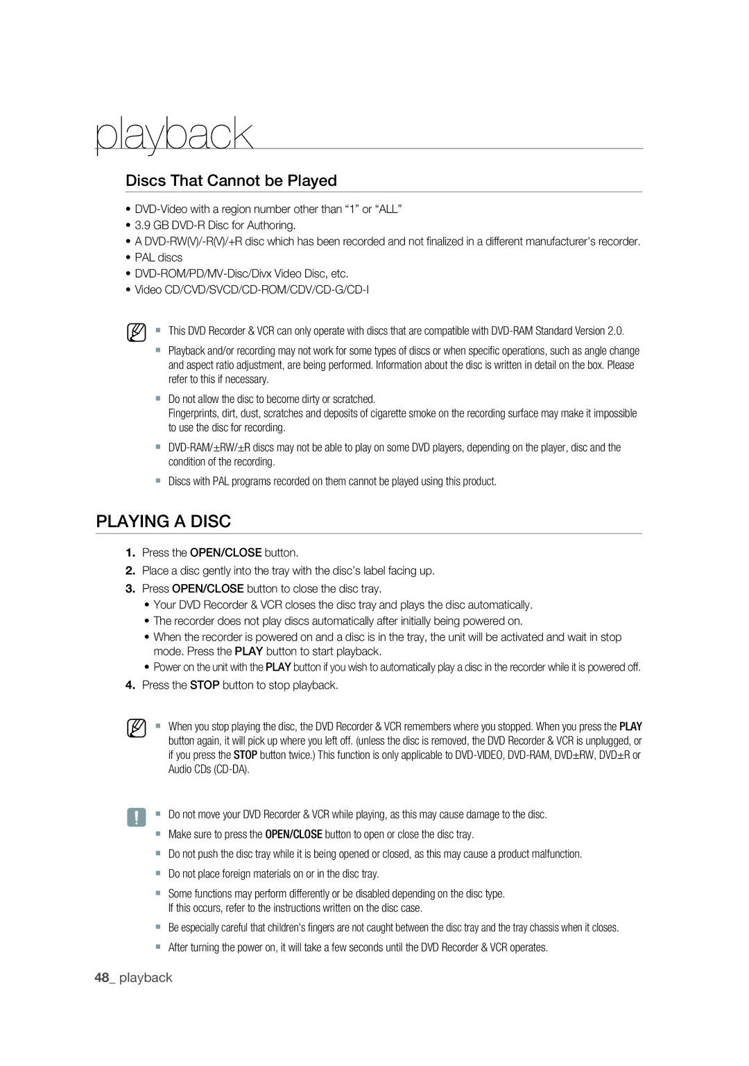 Samsung DVD-VR375 user manual Playing a Disc, Discs That Cannot be Played, Press the Stop button to stop playback 