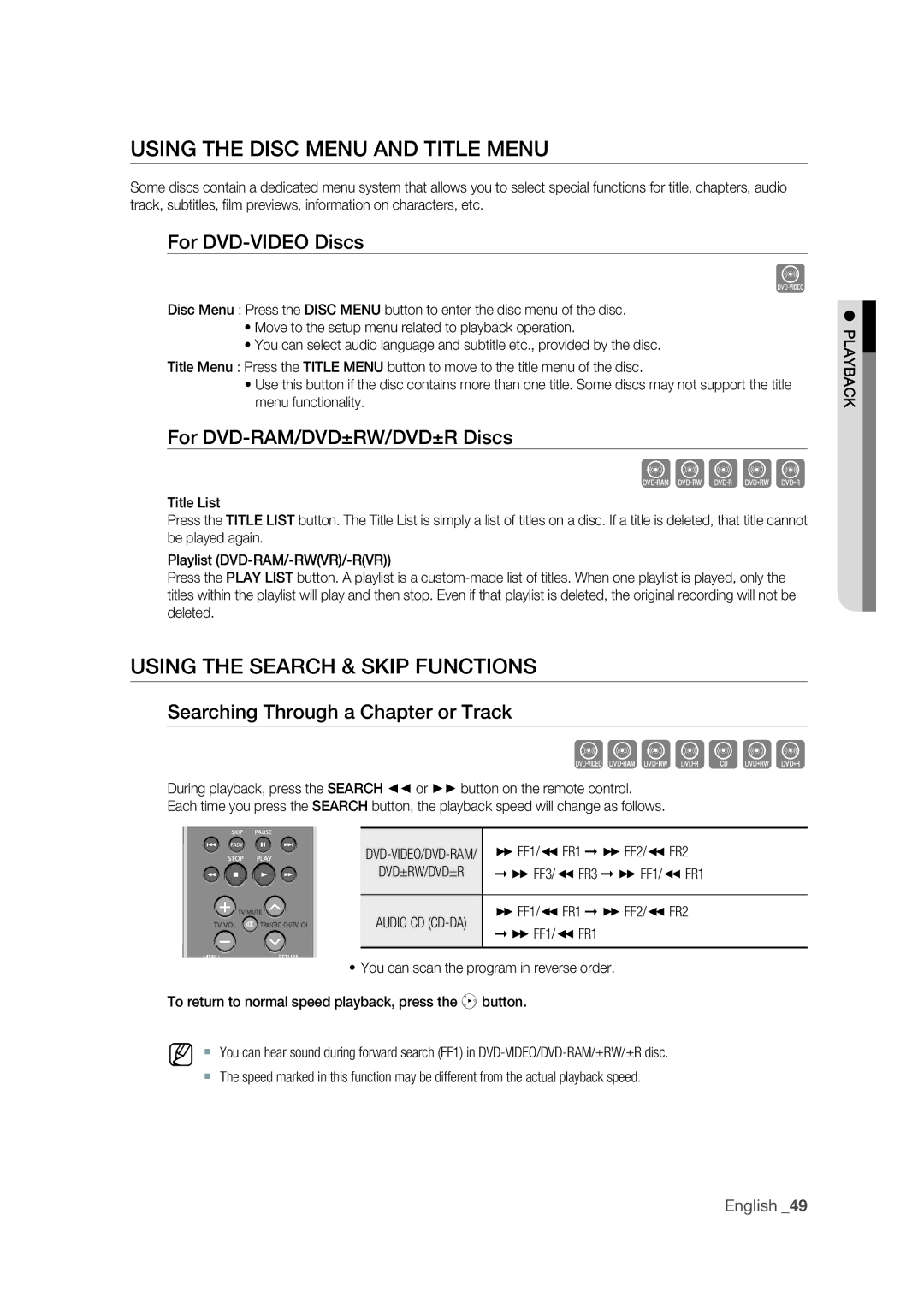 Samsung DVD-VR375 user manual Using the Disc Menu and Title Menu, Using the Search & Skip Functions, For DVD-VIDEO Discs 