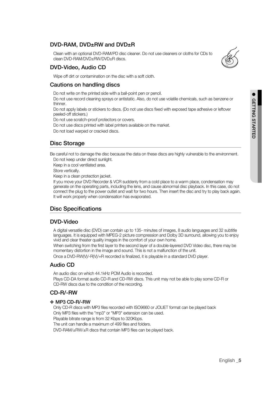 Samsung DVD-VR375 user manual Disc Storage, Disc Speciﬁcations 